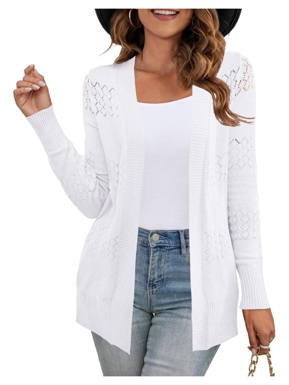Women's Crochet Knit Cardigan Open Front Loose Fit Long Sleeve